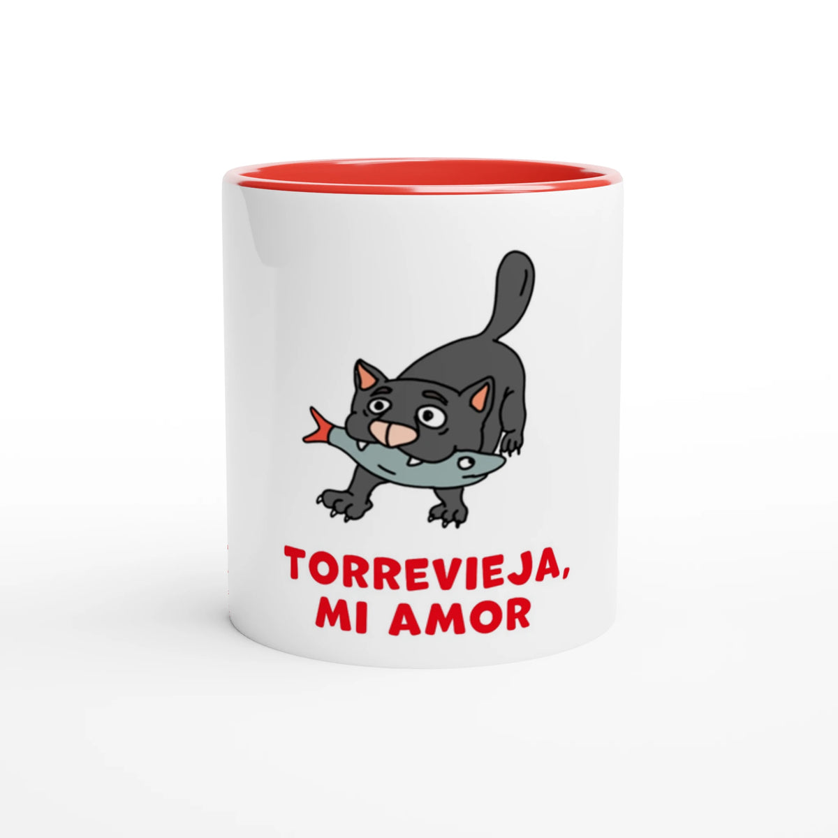 Torrevieja Tasse - Die Katze mit dem Fisch, handgezeichnet von Natascha Schwarz