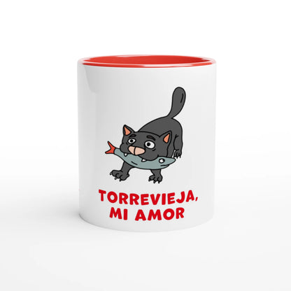 Torrevieja Tasse - Die Katze mit dem Fisch, handgezeichnet von Natascha Schwarz
