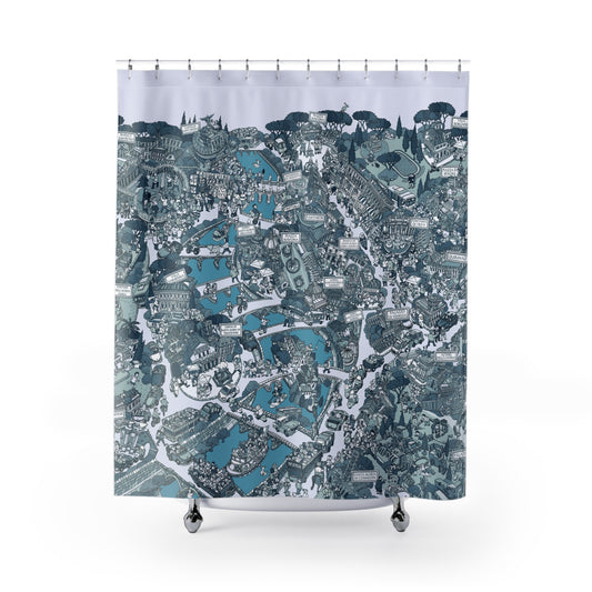Cortina de Ducha de Roma - Azul, dibujado a mano por Natascha Schwarz