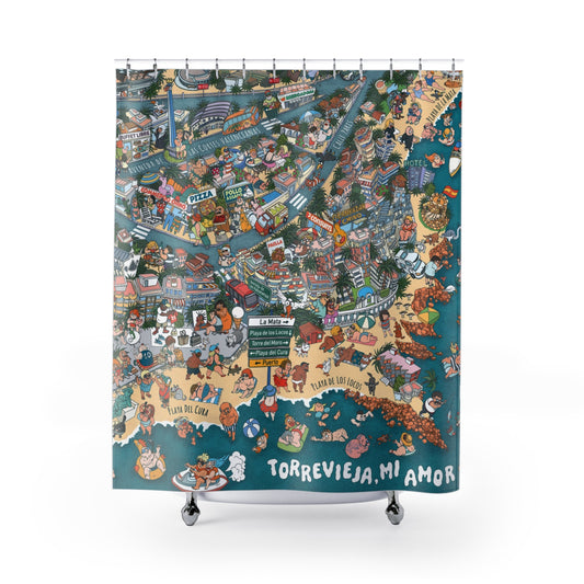 Torrevieja Shower Curtain, hand-drawn by Natascha Schwarz