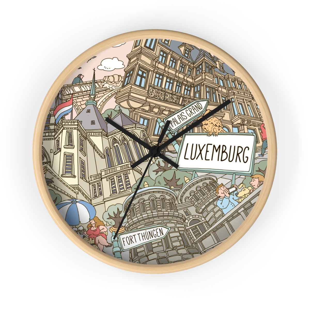 Luxemburg Wanduhr, handgezeichnet von Natascha Schwarz