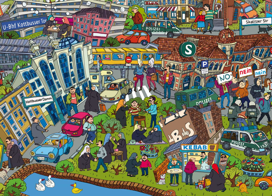 Calles animadas alrededor del S-Bahn, detalle del mapa de Berlín dibujado a mano por Natascha Schwarz
