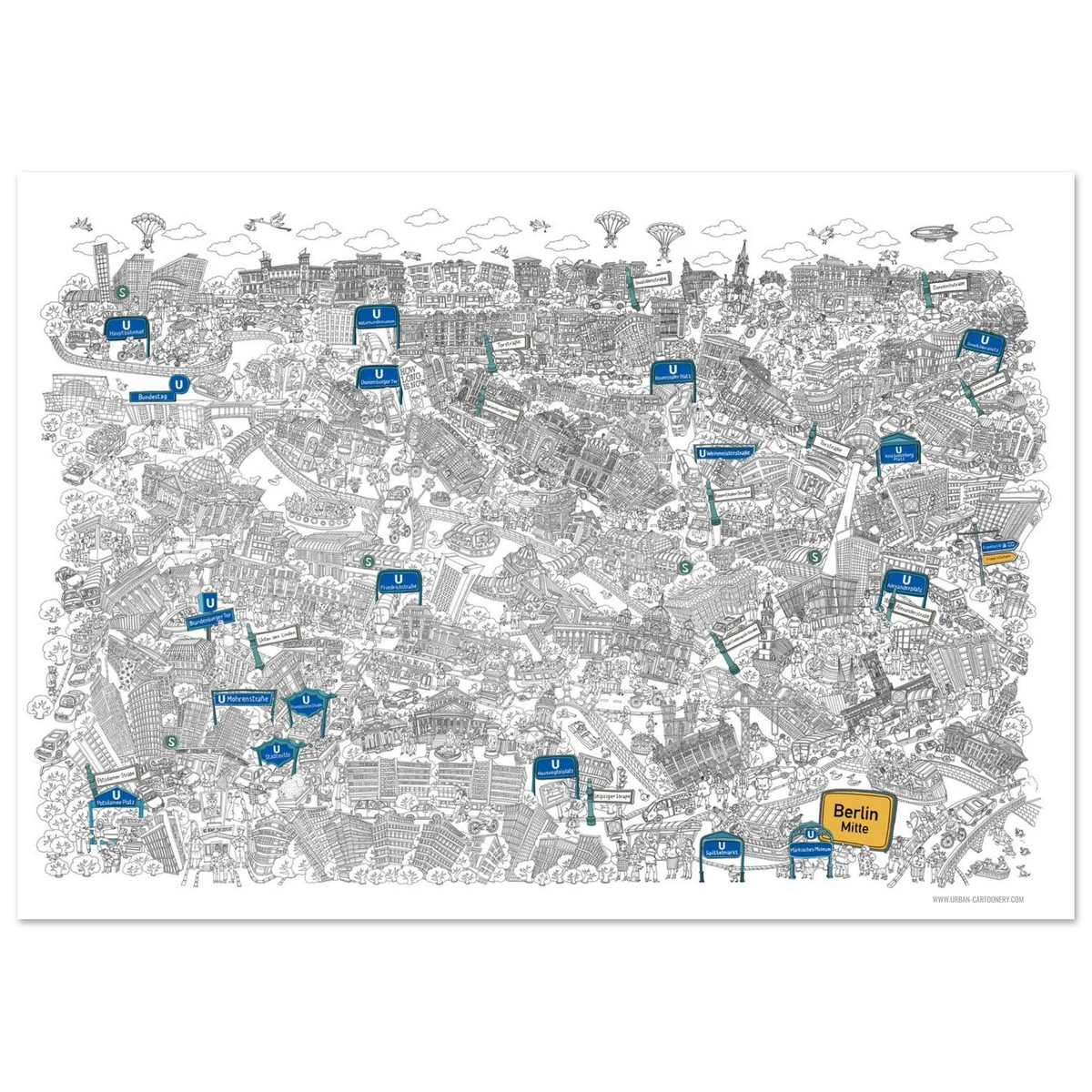 Berlin Mitte - Stadtporträt, Schwarz-Weiß, handgezeichnet von Natascha Schwarz