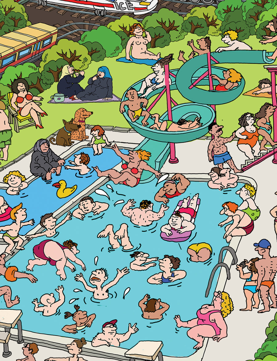 Splashing in the pool, detail of the hand-drawn Berlin Gesundbrunnen map by Natascha Schwarz