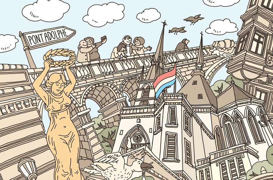 The Golden Lady and Pont Adolphe, detail of the hand-drawn Luxemburg map by Natascha Schwarz