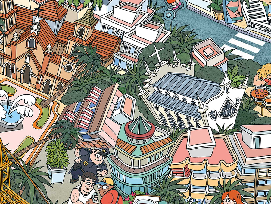 Palm trees and rooftops in the centre, detail of the hand-drawn Torrevieja map by Natascha Schwarz