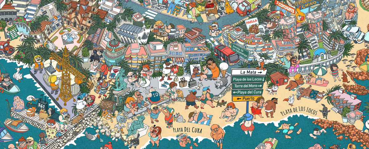 Detail of the hand-drawn Torrevieja city map by Urban Cartoonery: Playa del Cura and Playa de los Locos