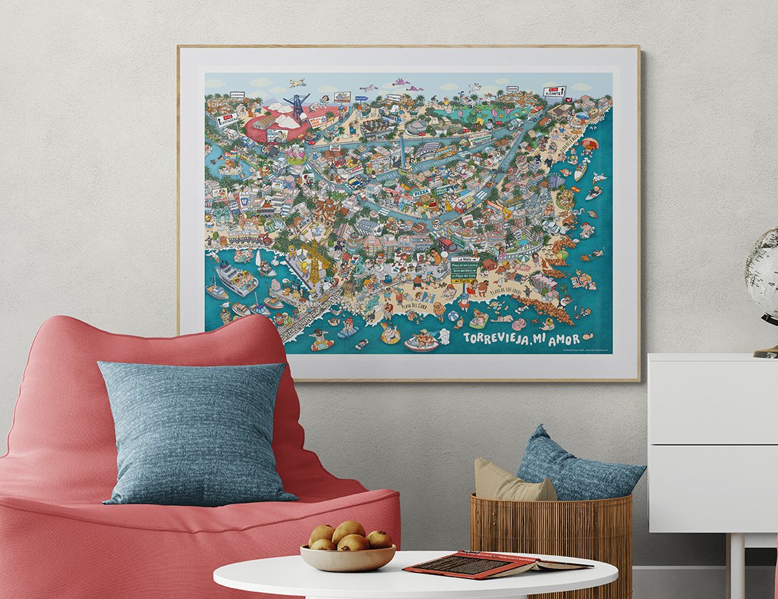 Torrevieja, mi Amor city portrait poster by Natascha Schwarz on a living room wall